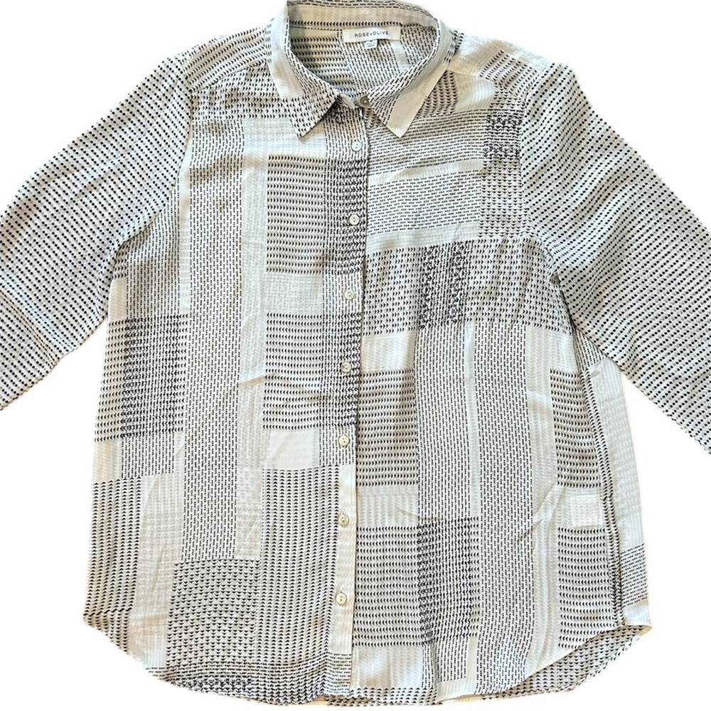 Rose + Olive Button-Up Blouse Medium Cream Black Sheer Top Career Neutral